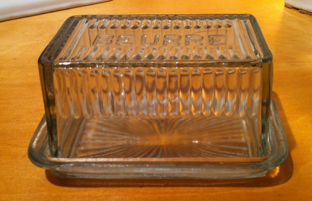 Old-fashioned glass covered butter (beurre) dish